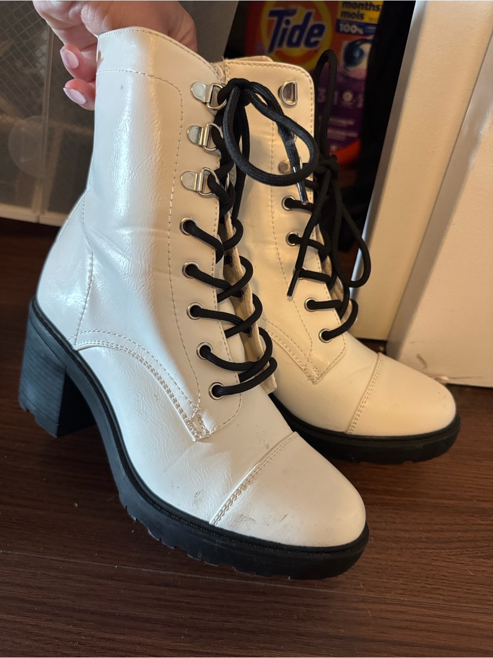JustFab White Lace-Up Block Heel Ankle Boots with Black Laces